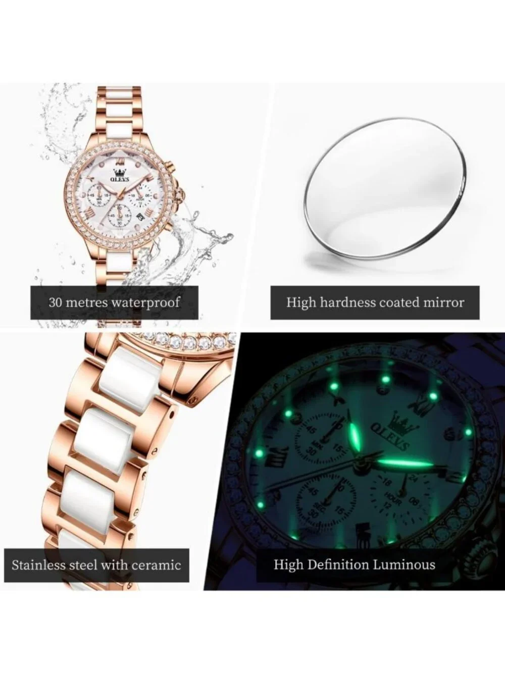 Elegant Diamond Bezel Women's Watch - Luxury Ceramic Dress, Waterproof, Quartz